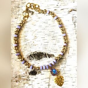 Lavender Glass and Gold Ball Beads  With Purple AB And Leaf Pendant Necklace